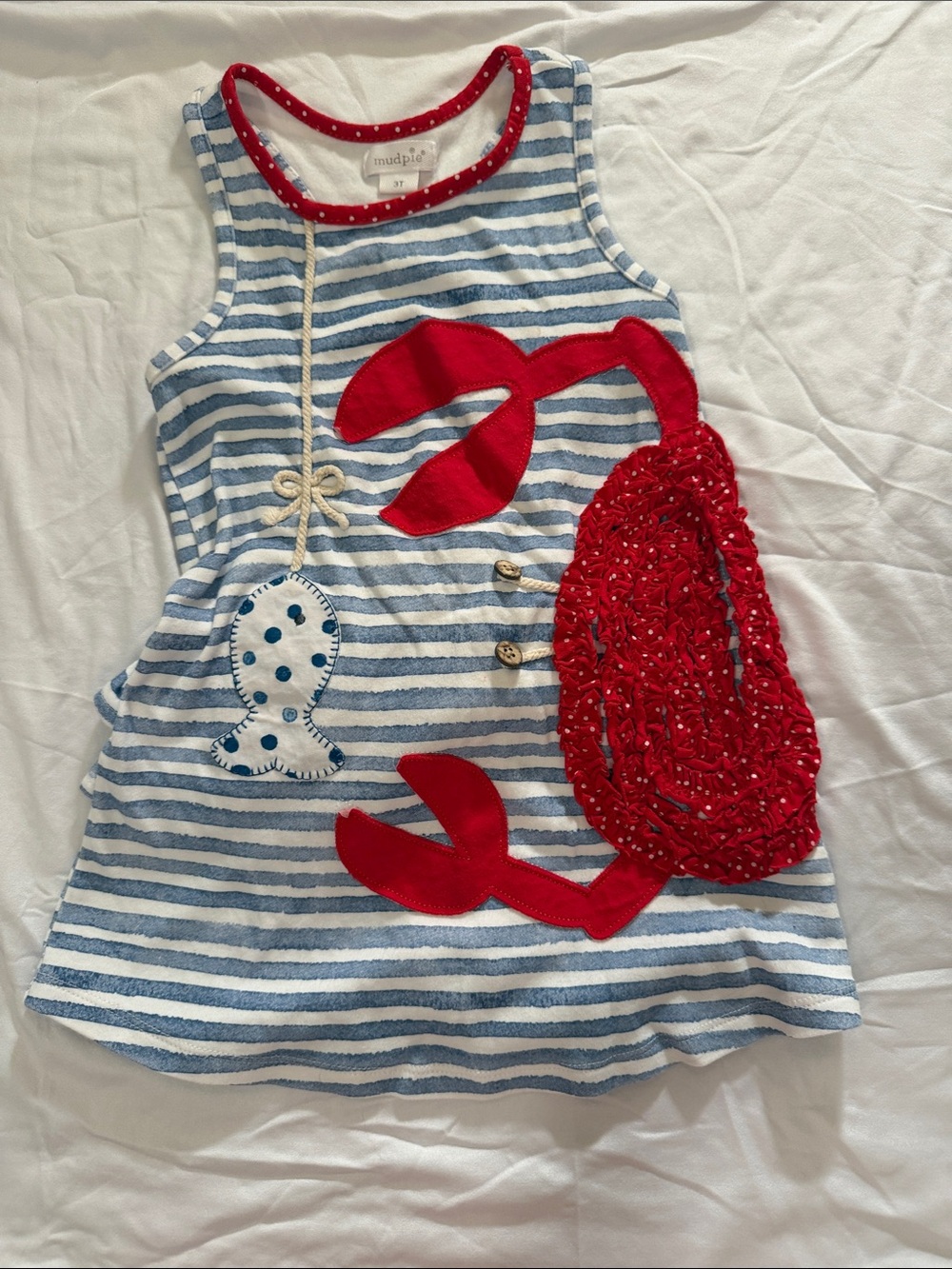 Mud Pie Blue & White Striped Dress with Red Lobster Appliqué